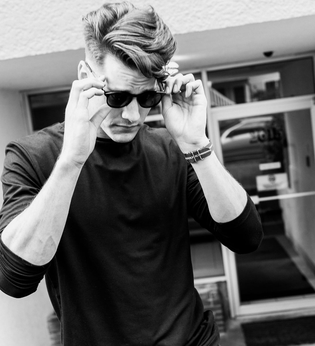 Tall skinny guy wearing tall mens black tall shirts by Navas Lab Apparel