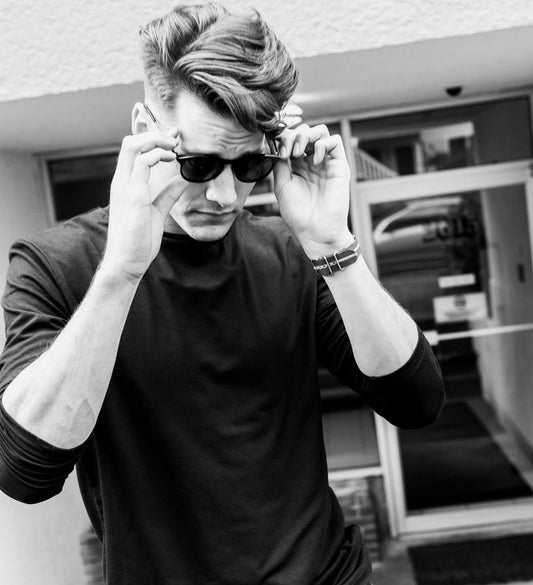 Tall skinny guy wearing tall mens black tall shirts by Navas Lab Apparel