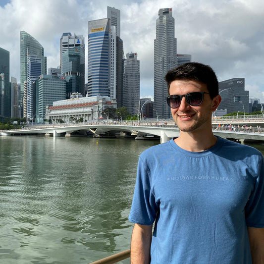 Aleksandar Borisov in blue tall tees by Navas Lab Apparel