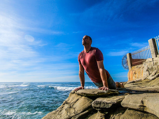 Brandon Booth does tall guy yoga in tall tees by Navas Lab Apparel