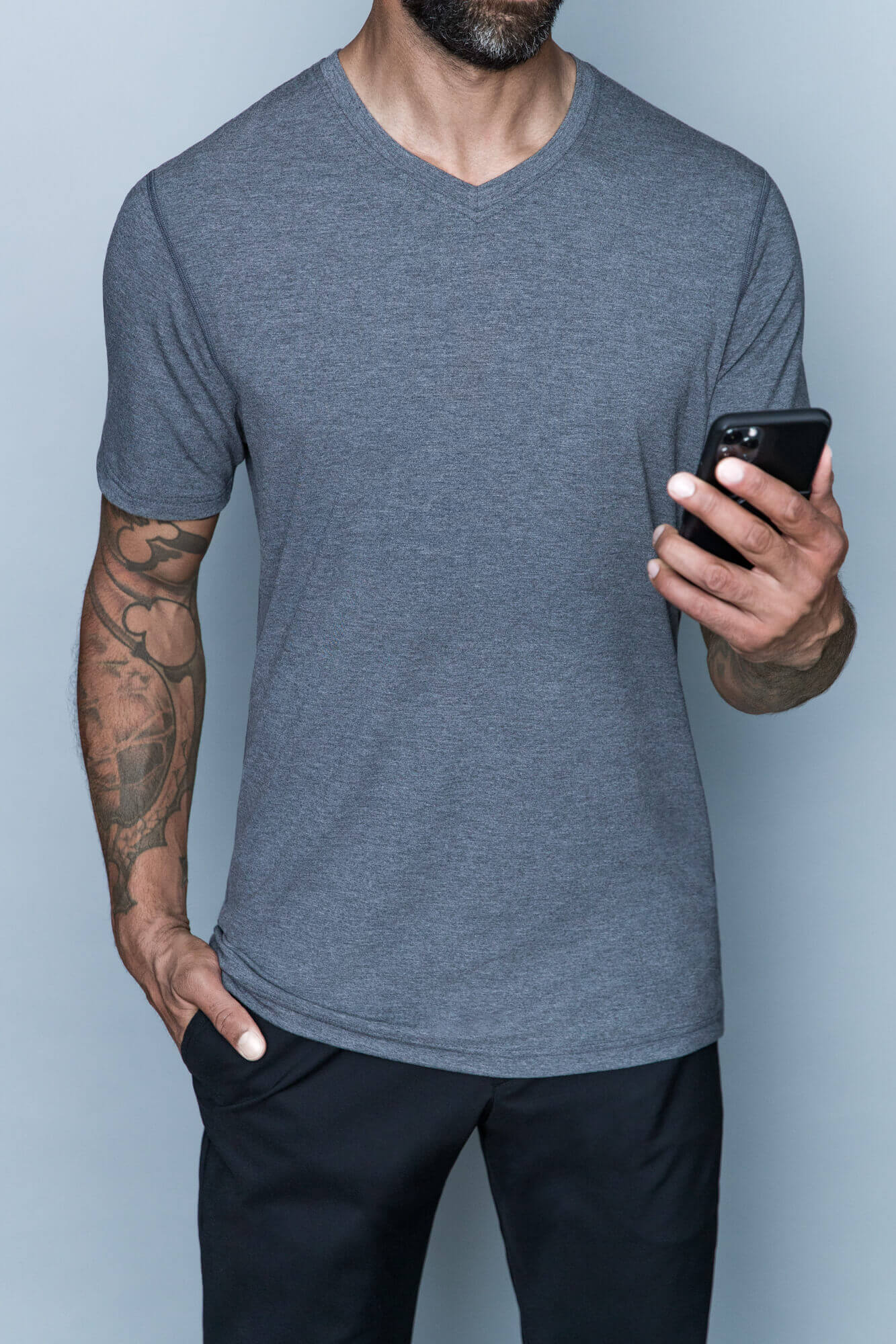 Tall mens t shirt v neck for tall skinny guys by Navas Lab Apparel. Tall slim tees for taller men for everyday use.