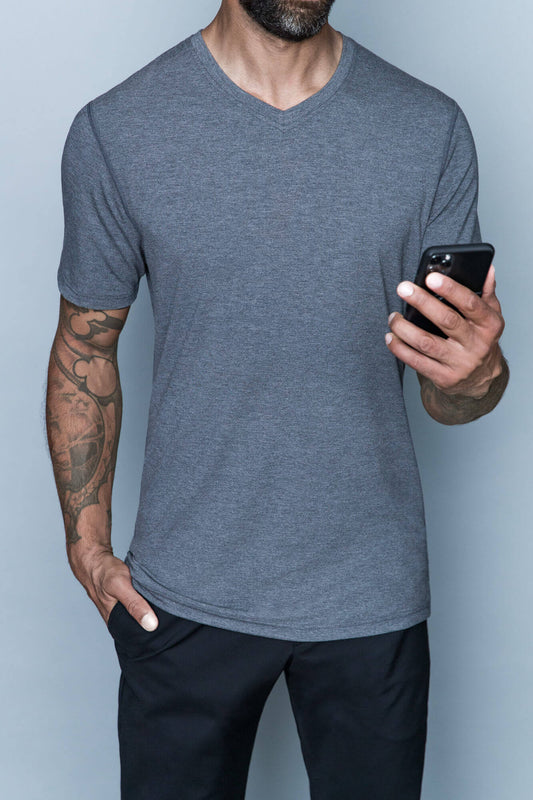 Tall mens t shirt v neck for tall skinny guys by Navas Lab Apparel. Tall slim tees for taller men for everyday use.