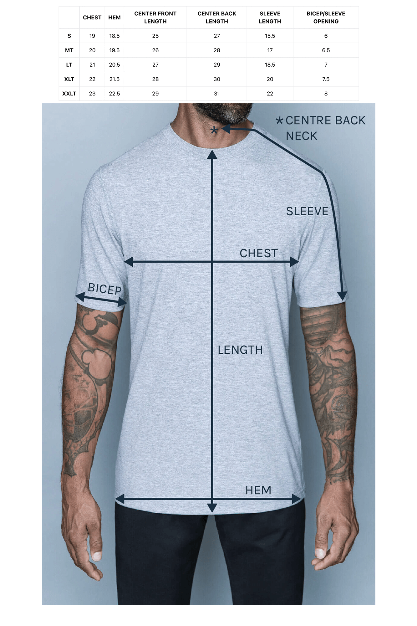 size chart for navas tall mens tees