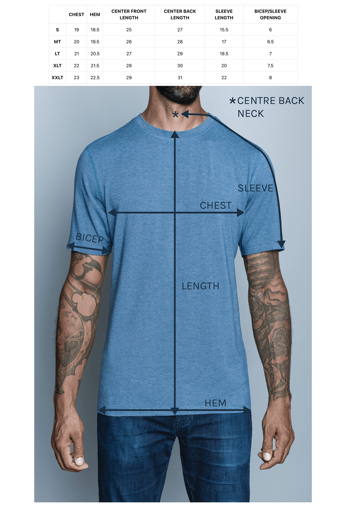 size chart for blue navas lab tall crew tee