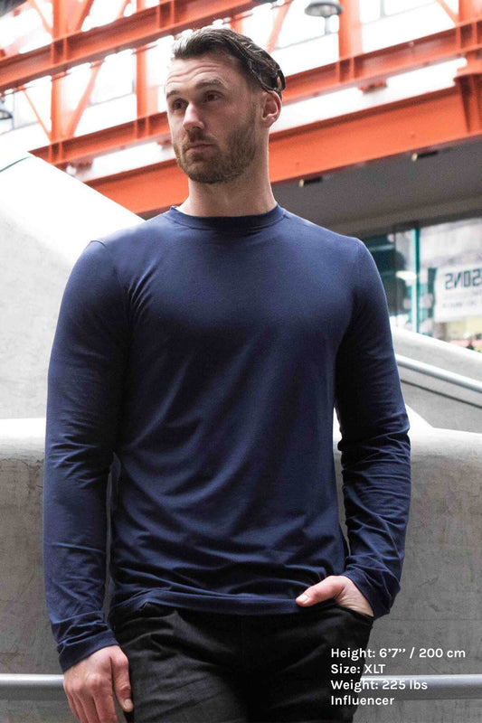 The Navas Lab Mac long-sleeve shirt for tall guys in blue. The perfect tall slim shirt for tall and slim guys looking for style and comfort.