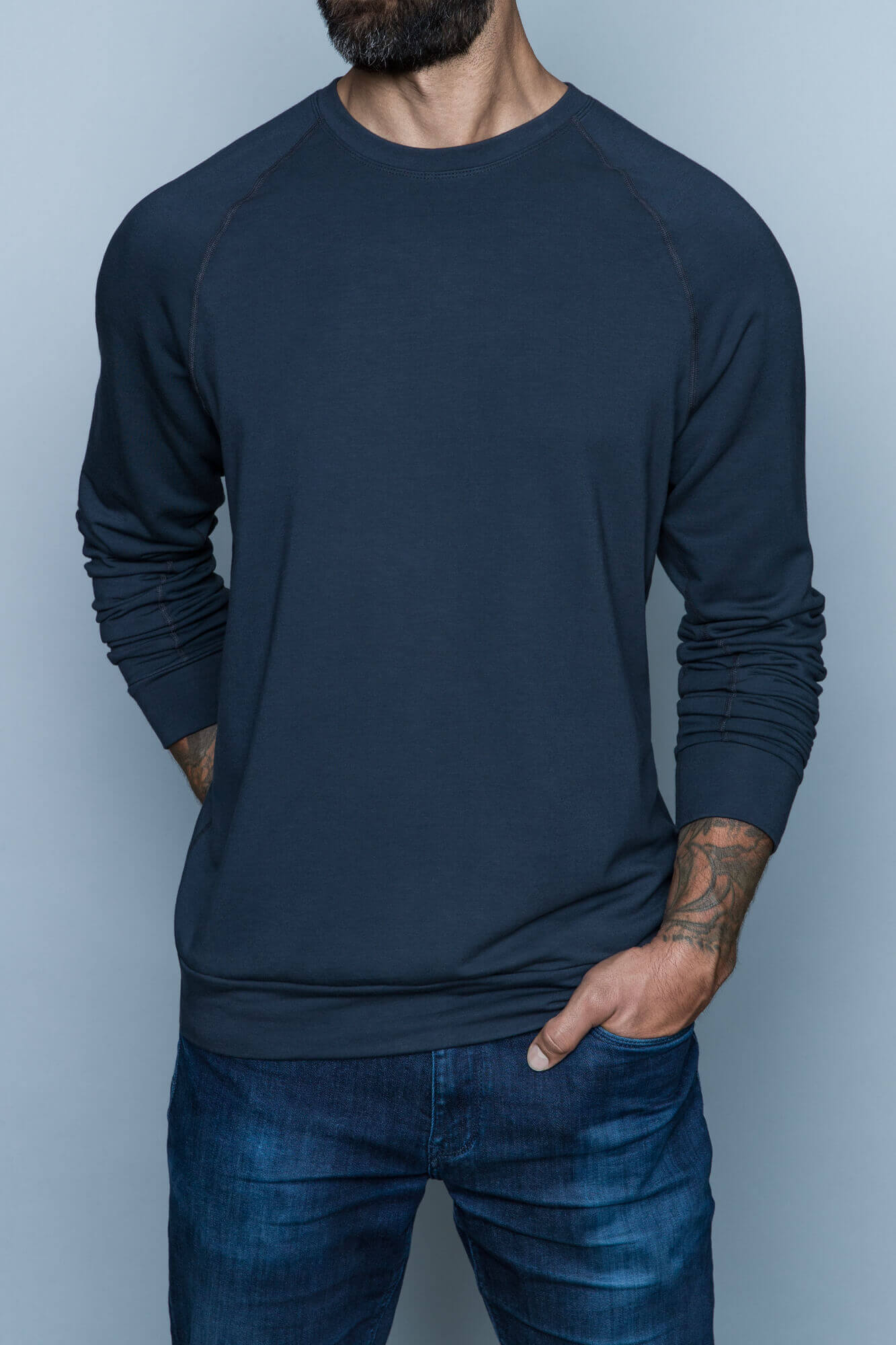 Tall Skinny Guy Wearing the Billy Men's Tall Sweatshirt in Grey by Navas Lab Apparel