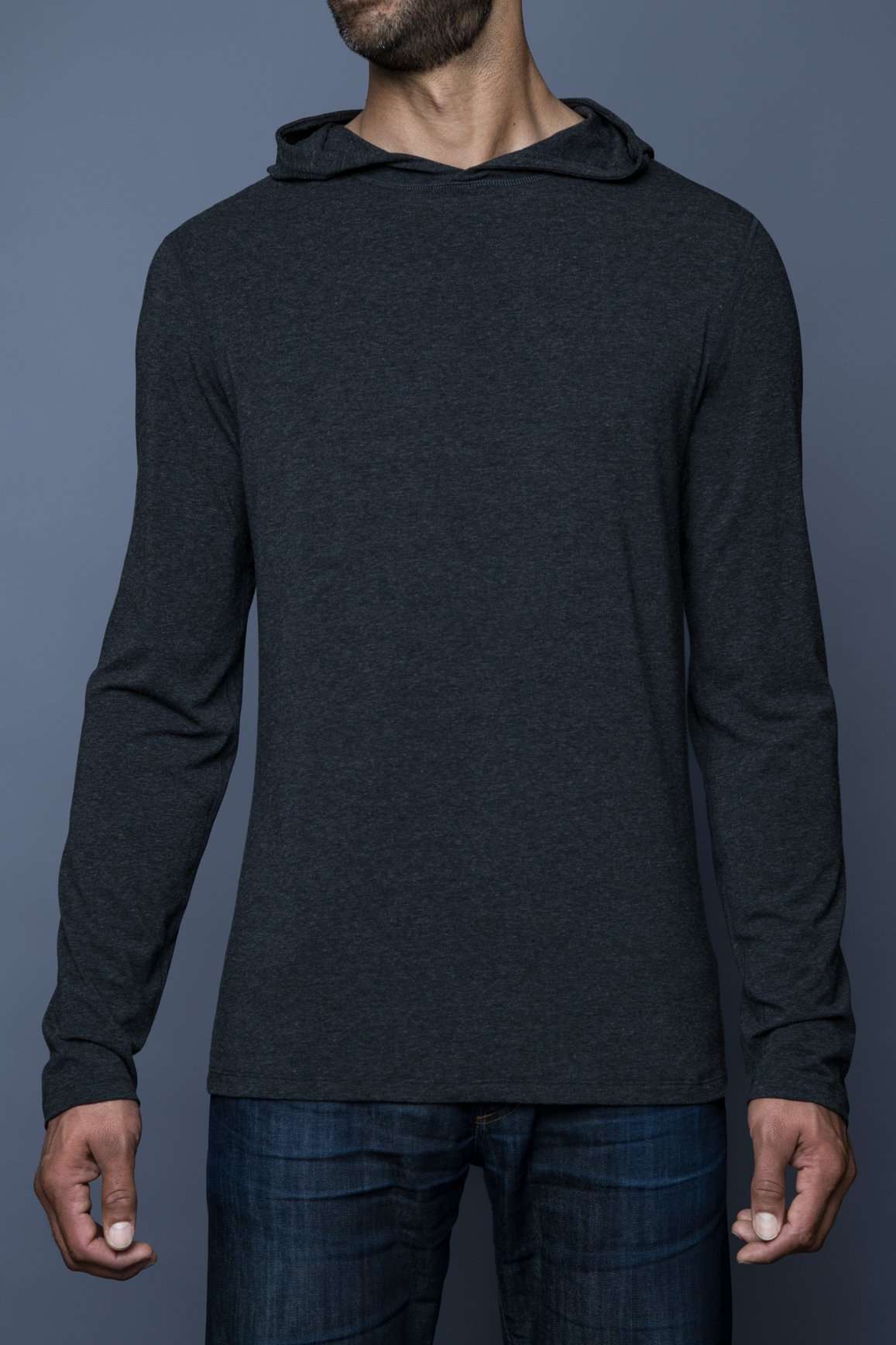The Navas Lab Vasquez Microstripe long-sleeve hooded shirt for tall guys in Charcoal mix. The perfect tall slim shirt for tall and slim guys looking for style and comfort.