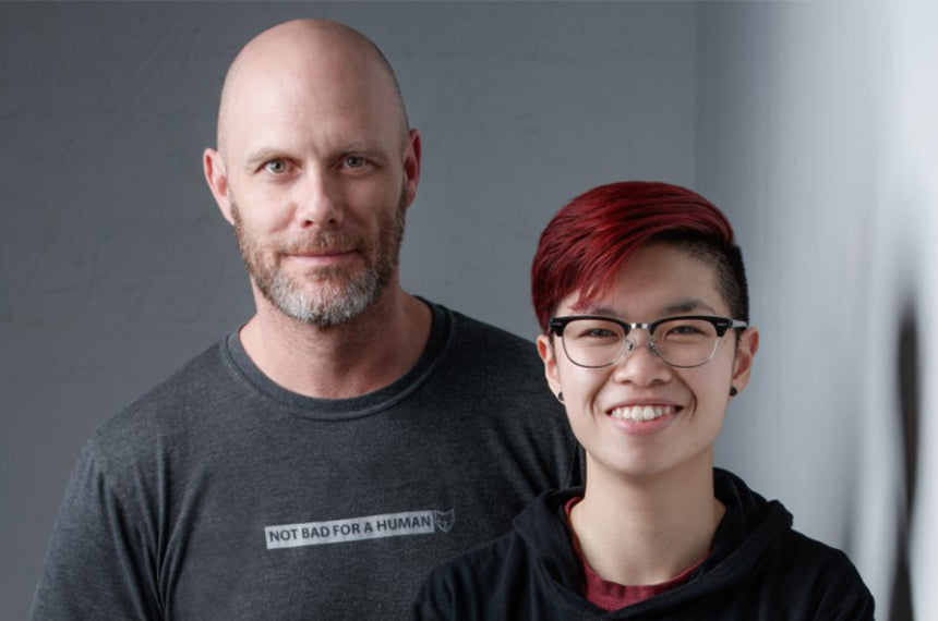 Charles Zuckermann and Zenna Wong in mens tall tees by Navas Lab Apparel