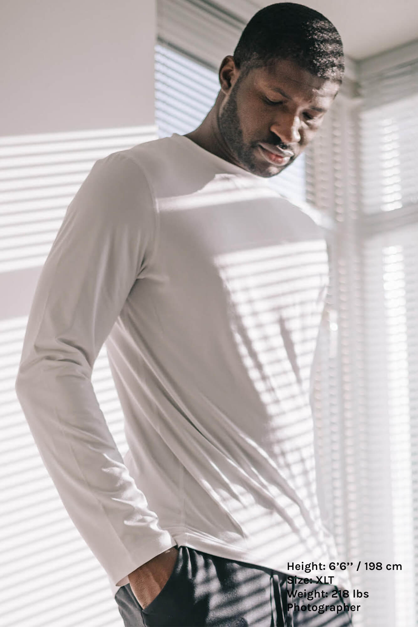 The Navas Lab Mac mens tall long sleeve t shirts for tall guys in white. The perfect tall slim shirt for tall and skinny guys looking for style and comfort.
