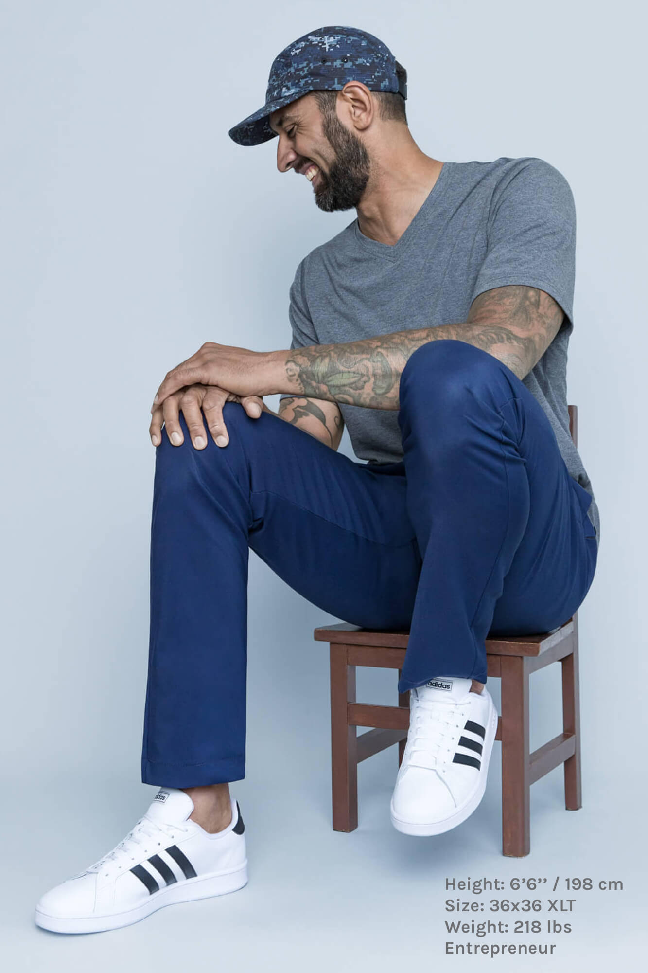 Mens tall pants by Navas Lab Apparel. Blue pants for long legs for tall guys for everyday use.