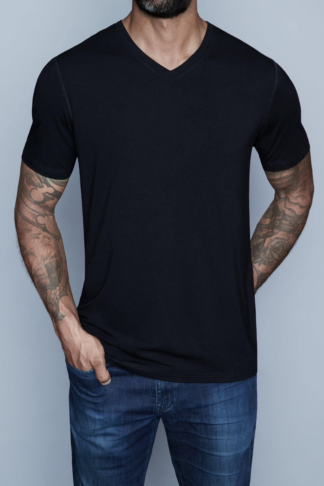 Mens tall v neck t shirts in black by Navas Lab Apparel. Tall tees for tall guys for everyday use.