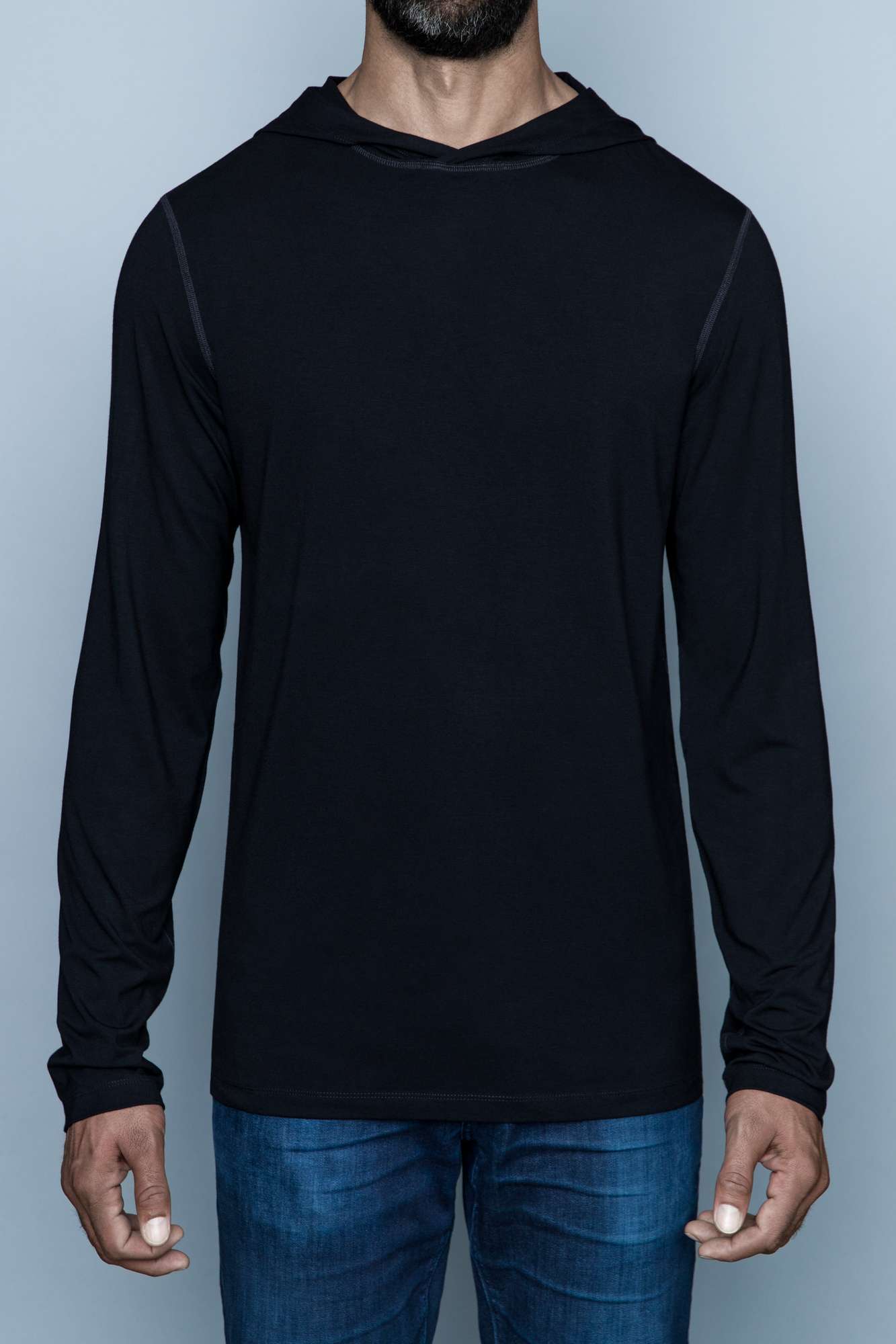 The Navas Lab Vasquez long-sleeve hooded shirt for tall guys in black. The perfect tall slim shirt for tall and slim guys looking for style and comfort.