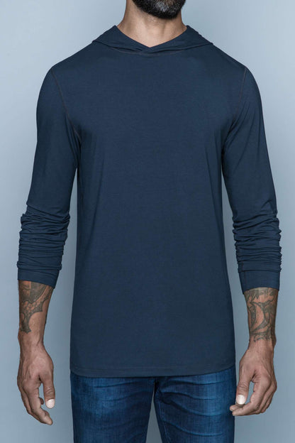The Navas Lab Vasquez long-sleeve hooded shirt for tall guys in grey. The perfect tall slim shirt for tall and slim guys looking for style and comfort.