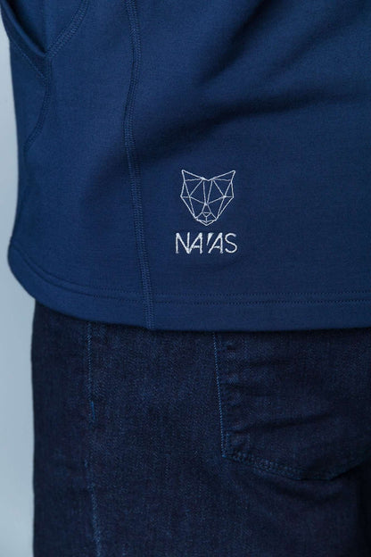 The Navas Lab Hawkins logo on the blue tall hoodie. This tall slim hoodie for tall and slim guys looking for style and comfort. Tall skinny guy sweater hoodie logo in blue.