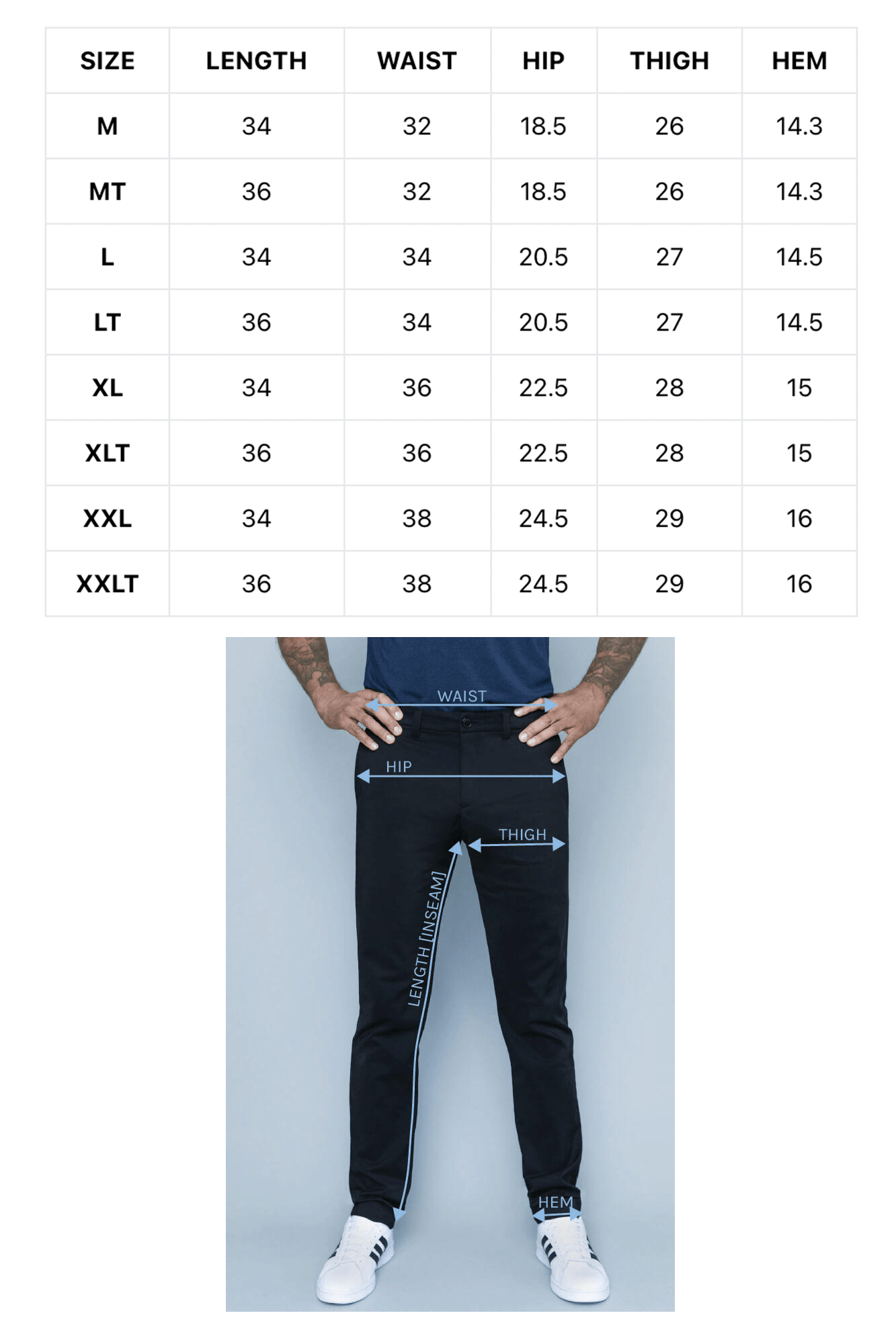 size chart for navas lab tall mens pants