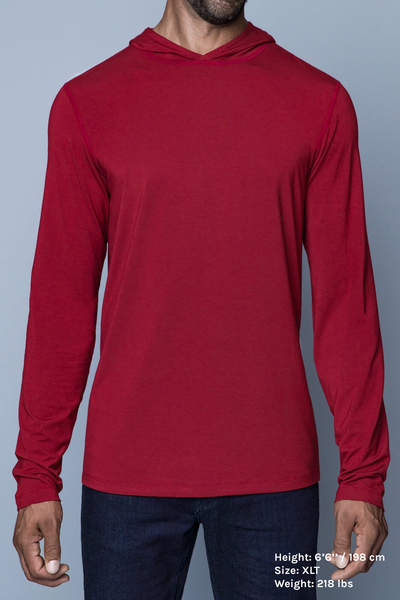 The Navas Lab Vasquez 2020 long-sleeve hooded shirt for tall guys in red. The perfect tall slim shirt for tall and slim guys looking for style and comfort.