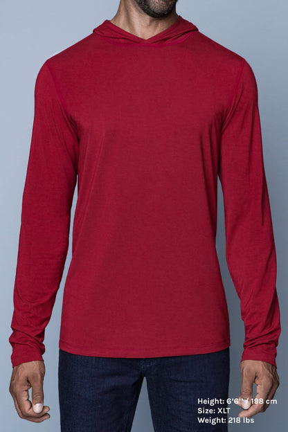 The Navas Lab Vasquez 2020 long-sleeve hooded shirt for tall guys in red. The perfect tall slim shirt for tall and slim guys looking for style and comfort.
