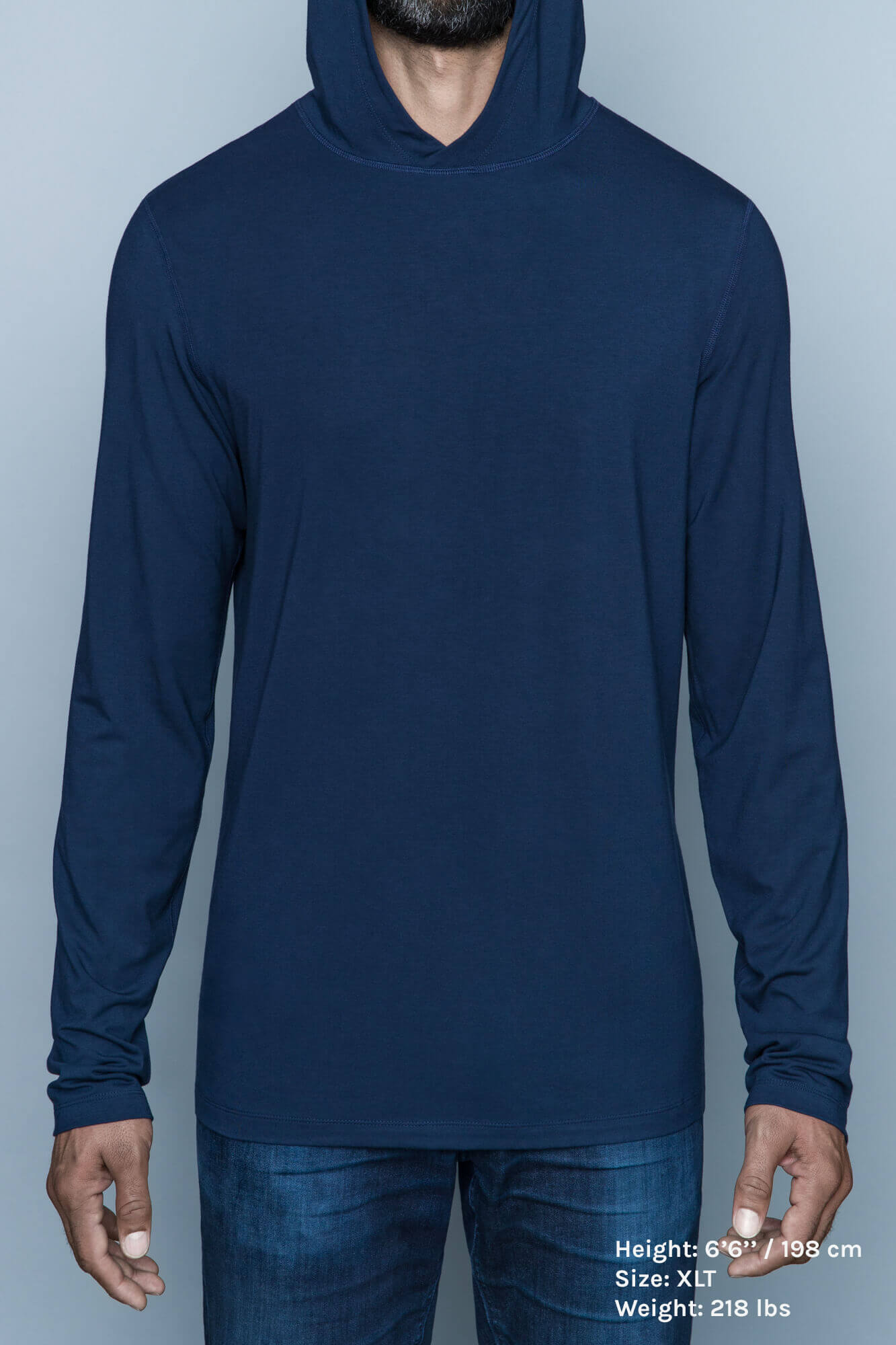 The Navas Lab Vasquez long-sleeve hooded shirt for tall guys in blue. The perfect tall slim shirt for tall and slim guys looking for style and comfort.