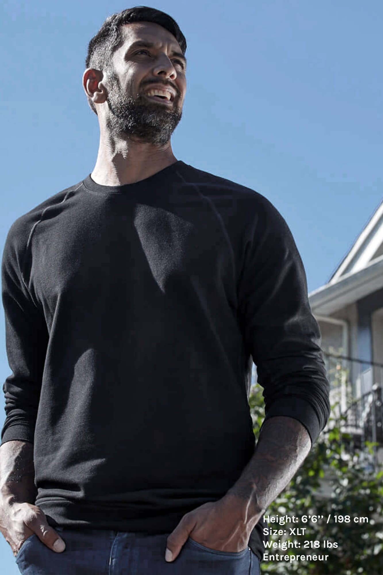 Tall Mens Wearing the Billy Tall Mens Sweatshirt in Black by Navas Lab Apparel