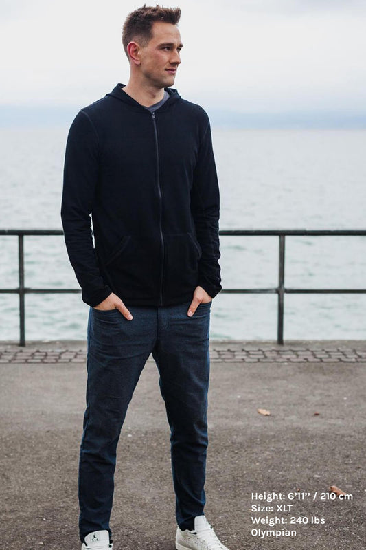 The Navas Lab Hawkins tall size hoodie in black. The perfect tall slim hoodie for tall and slim guys looking for style and comfort. Tall skinny guy sweater hoodie in black.