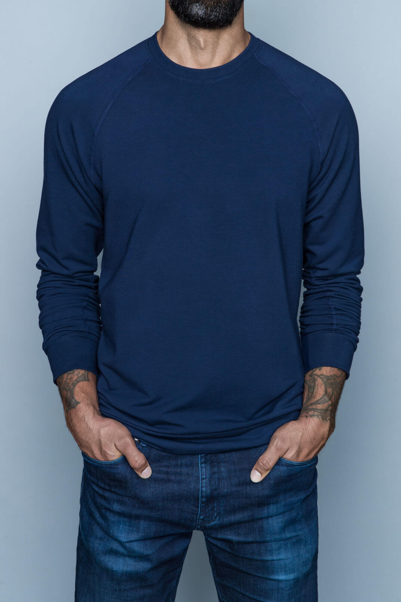 Tall Skinny Guy Wearing the Billy Men's Tall Sweatshirt in Blue by Navas Lab Apparel