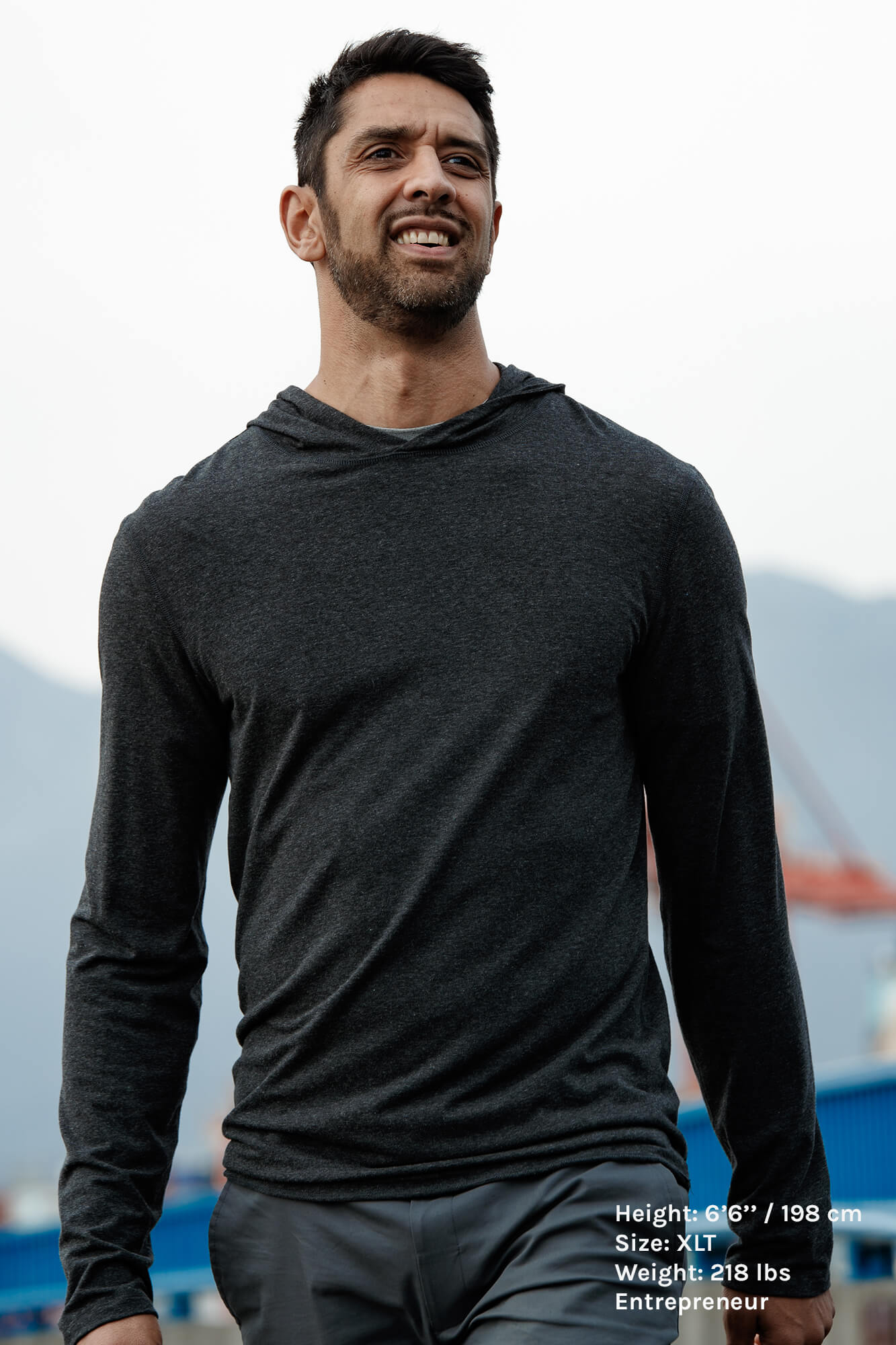 The Navas Lab Vasquez Microstripe xlt hoodie for taller men in Charcoal mix. The perfect tall slim shirt for tall and slim guys looking for style and comfort.
